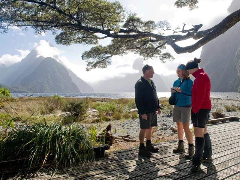Gruppe wandert am Ufer am Milford Sound in Neuseeland.