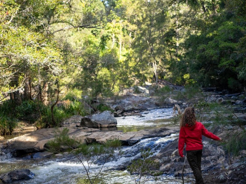Frau steht an einem kleinen Fluss im Eungella Nationalpark, Australien.