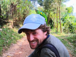Wanderer mit Chamäleon auf dem Kopf - Uganda