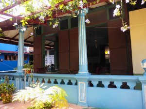 ellblaue Veranda mit dekorativen Säulen, Holzpergola, grünen Kletterpflanzen und violetten Blumen vor einem Gebäude mit braunen Fensterläden in Baracoa, Kuba