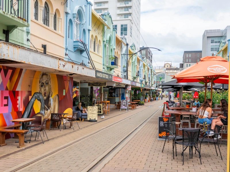 Christchurch, belebte Innenstadt mit Cafés und Restaurants