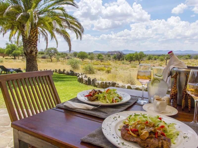 Namibia Steak mit Wein mit Blick auf die Natur
