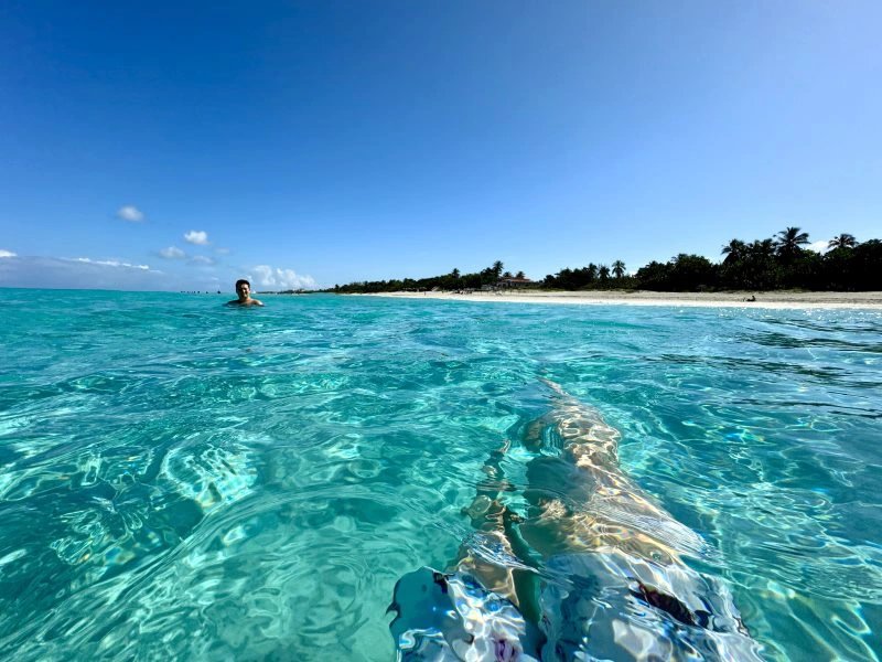 Blick aus kristallklarem türkisfarbenem Wasser mit untergetauchten Beinen, schwimmender Person und tropischem Strand mit Bäumen in Cayo Santa María, Kuba