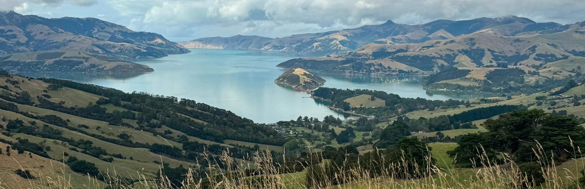 Wasserzunge umgeben von hügeliger Landschaft bei Akaroa, Peninsula, Neuseeland