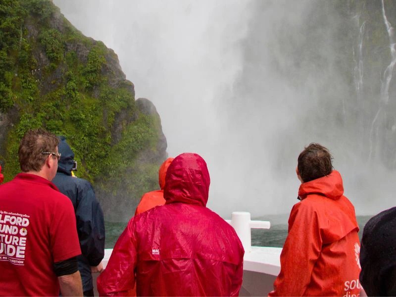 Personen stehen an Deck bei einer Bootstour durch den Milford Sound in Neuseeland und schauen sich das Naturschauspiel an.