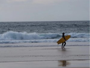 Person im Neoprenanzug trägt ein gelbes Surfbrett an einem Sandstrand in Australien mit brechenden Wellen