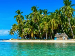 Palmen, Strand, blauer Himmel und Sonnenschein in Panama 