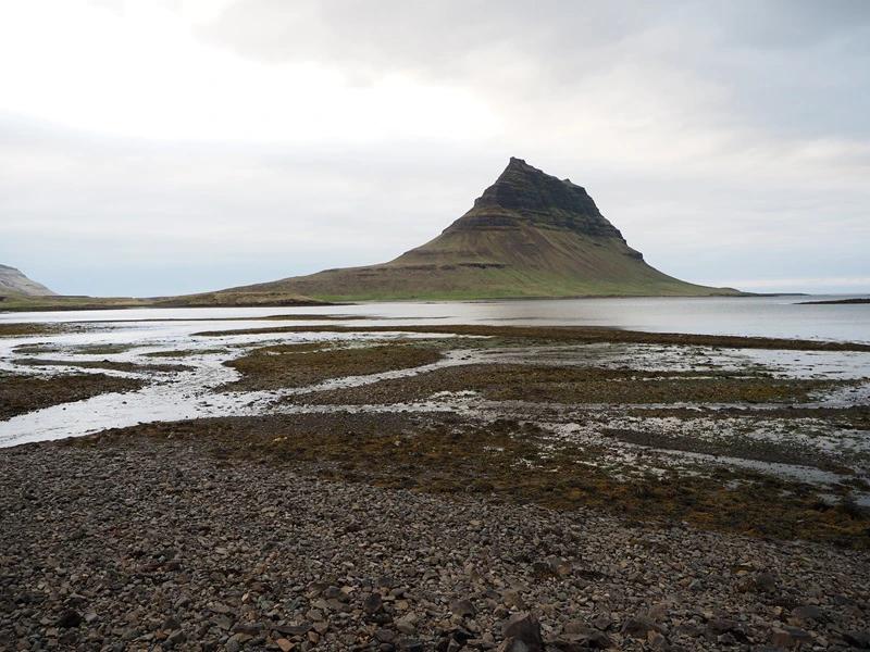 Markanter kegelförmiger Berg erhebt sich aus dem Wasser mit felsiger Küste voller Seetang unter bewölktem Himmel in Island