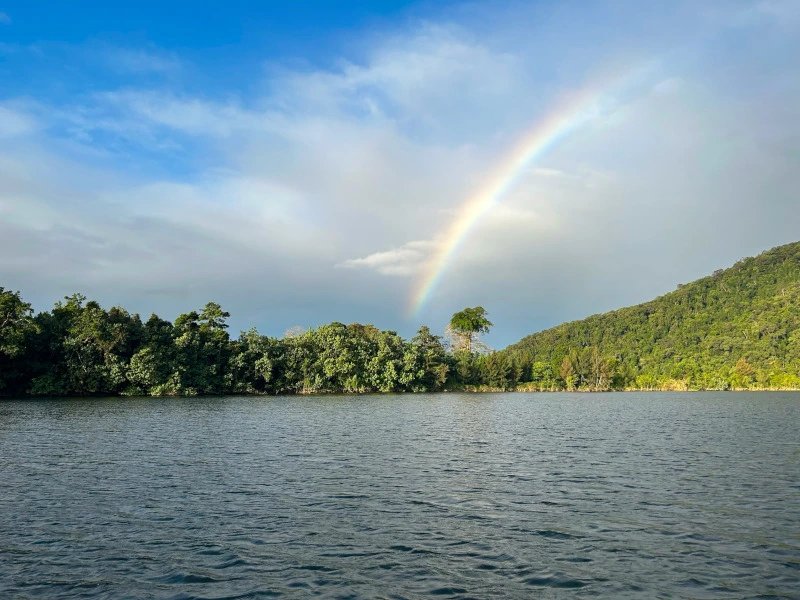 Bootsfahrt im Daintree Nationalpark, Australien mit Regenbogen am Horizont