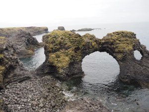 Dunkle moosbedeckte Felsformation mit zwei natürlichen Meeresbögen über ruhigem Wasser an einer felsigen Küste in Island