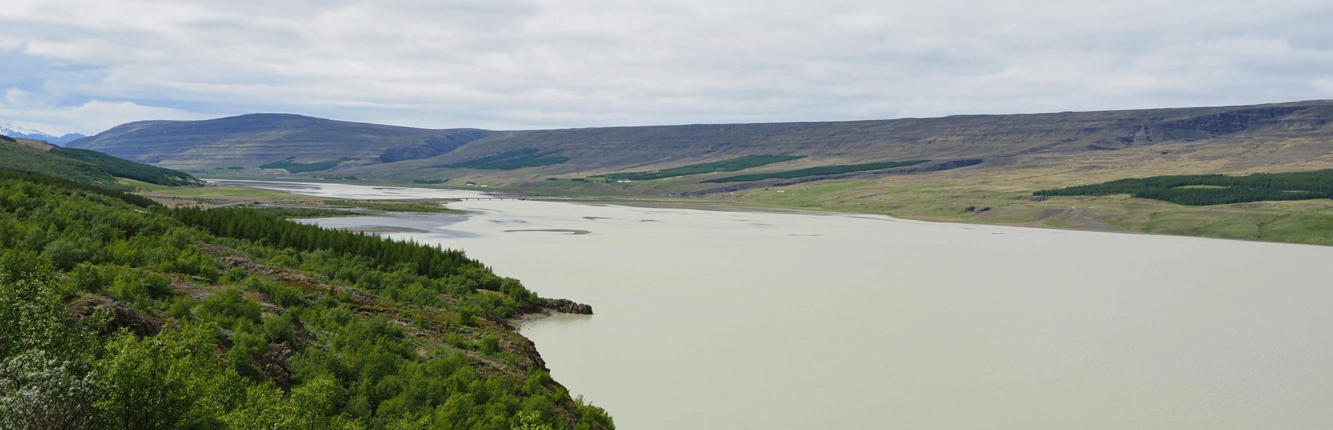 Panoramablick auf einen breiten hellen Fluss mit grünem bewaldetem Ufer sowie sanften Hügeln und Bergen im Hintergrund in Island