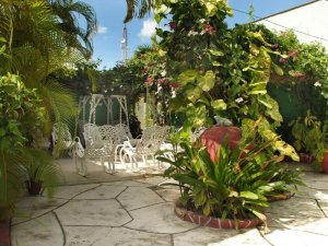 Üppige Außenpatio mit weißen verzierten Metallmöbeln, umgeben von grünen Pflanzen und blühenden Kletterpflanzen, mit einem Sendeturm in der Ferne in Baracoa, Kuba