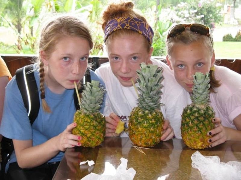 Mädchen trinken aus einer Ananas in Costa Rica