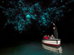 Personen fahren mit einem Boot durch die Glühwürmchenhöhlen in Waitomo, Neuseeland