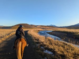 Person reitet auf einem Pferd entlang eines Flusses durch goldene Felder mit sanften Hügeln und schneebedeckten Bergen in der Ferne in Island