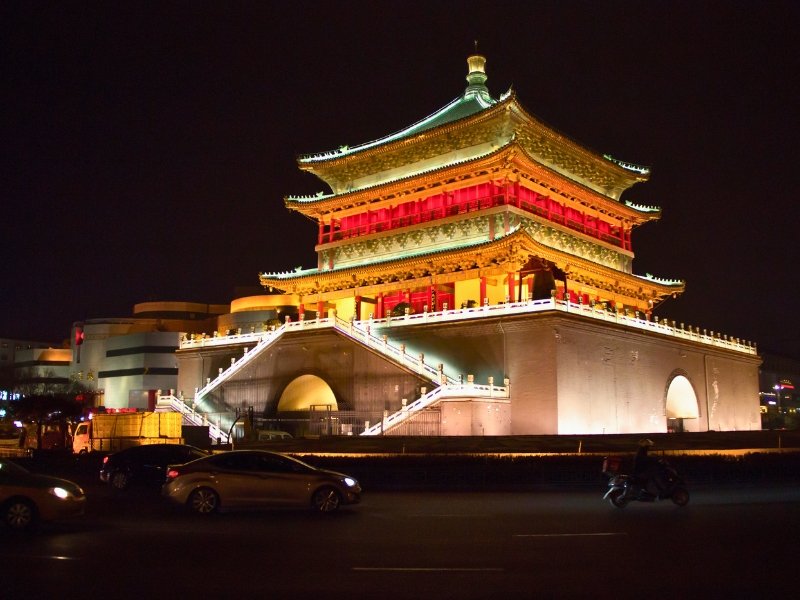 Bell Tower in mitten eines großen Kreisverkehrs in Xian in China