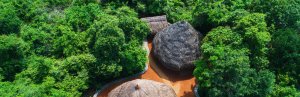 Strohhütten im Anamaduwa Mudhouse umgeben von grünen Bäumen in Sri Lanka
