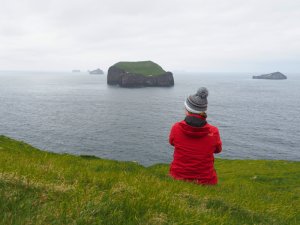 Person in roter Jacke und Strickmütze sitzt auf einer grasbewachsenen Klippe mit Blick auf das Meer und felsige Inseln in der Ferne in Island